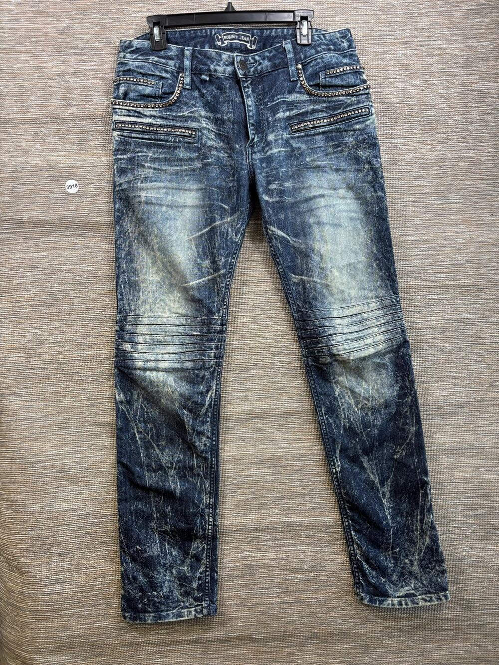 Robin's Jean Jeans Mens 33x32 Blue Acid Wash Studded Biker Slim Straight Denim